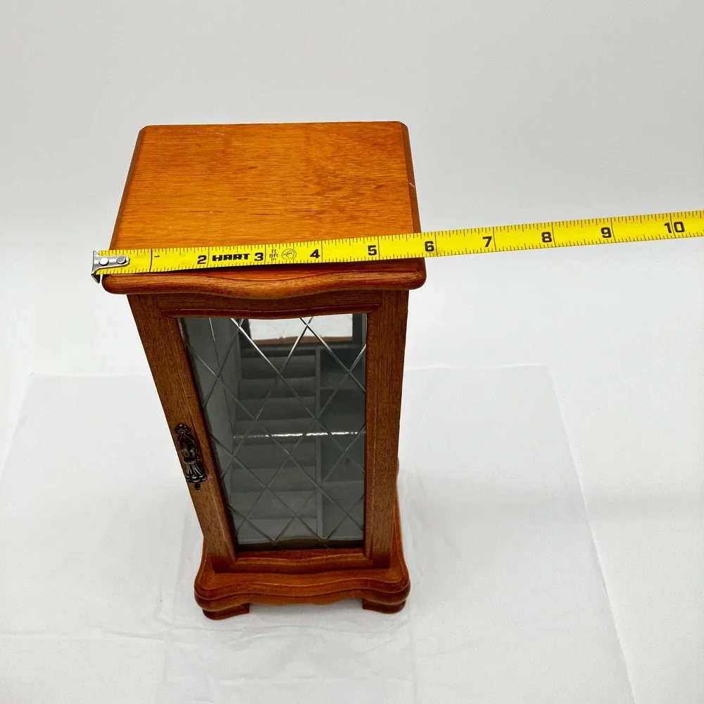 Vintage Wood Jewelry Armoire 14in Brown Etched Glass Rotating Carousel